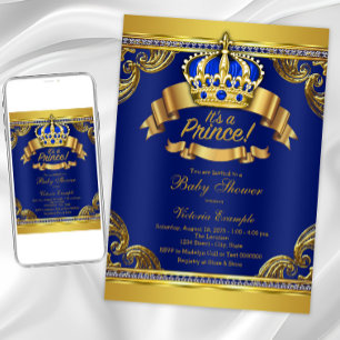 Gold Crown Royal Blue Prince Boy Baby Dusche Einladung