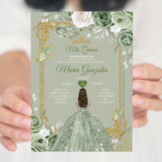 Gold Crown Sage Green Mis Quince 15 Anos Kleider Einladung