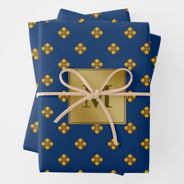 Gold Cruciferous Blume Mit Monogramm Blue Geschenkpapier Set (Beispiel)
