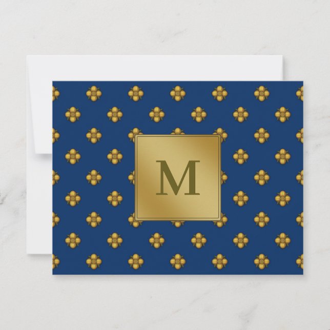 Gold Cruciferous Blume Mit Monogramm Blue Mitteilungskarte (Vorderseite)