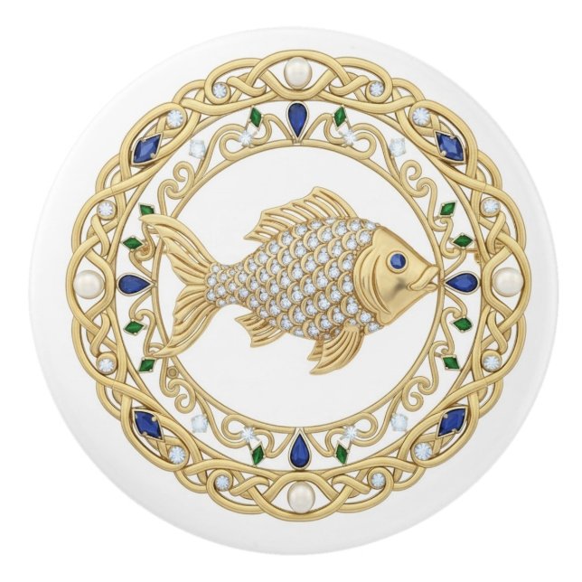 Gold Crystal Fish 2Dgraphic gemstone Sea Ocean Keramikknauf (Vorderseite)