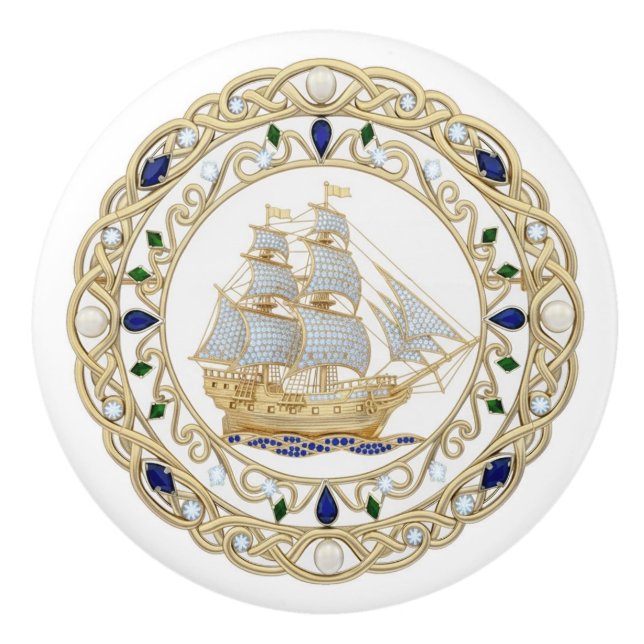 Gold Crystal Nautical Ship Boat Sailing 2DGraphic Keramikknauf (Vorderseite)