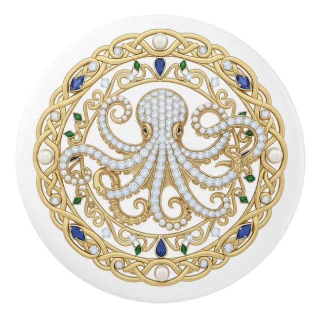 Gold Crystal Ocean Sea Octopus 2D graphic gemstone Keramikknauf (Vorderseite)