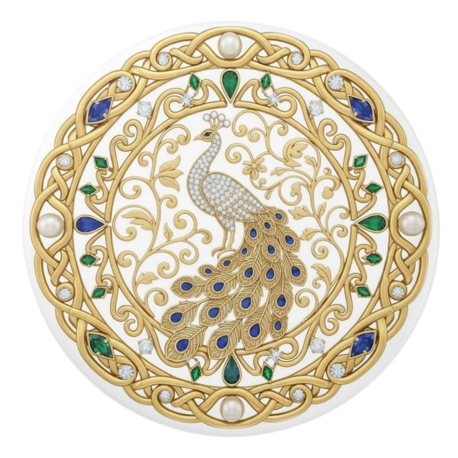 Gold Crystal Peacock Bird 2D graphic gemstones Keramikknauf (Vorderseite)