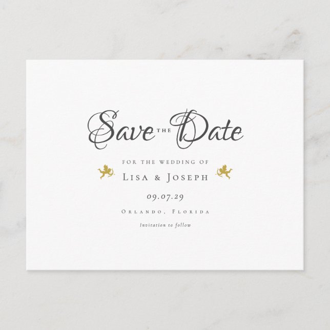 Gold Cupids Elegantes Skript Save the Date Ankündigungspostkarte (Vorderseite)