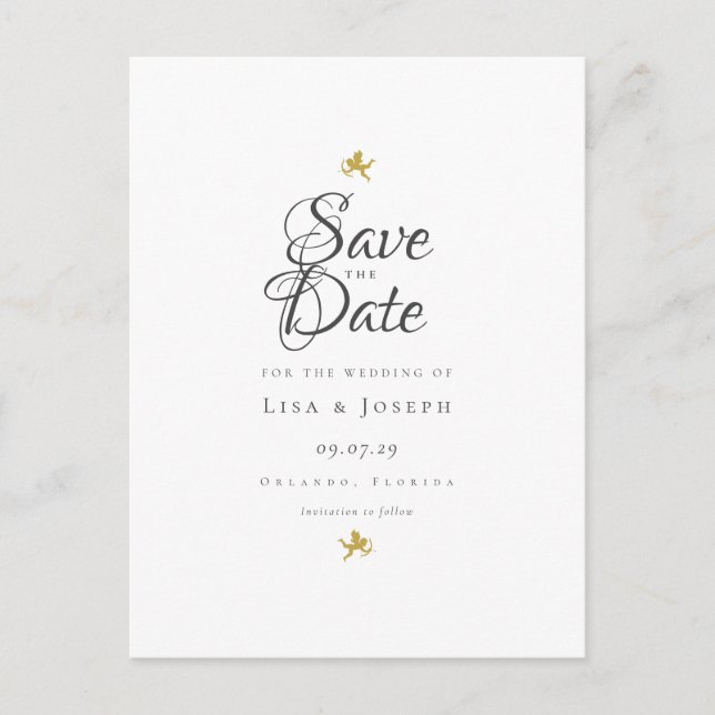 Gold Cupids Elegantes Skript Save the Date Ankündigungspostkarte (Vorderseite)
