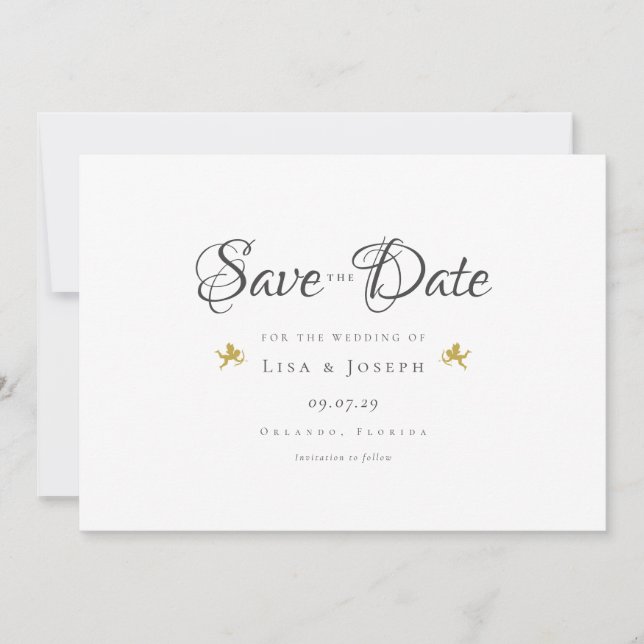 Gold Cupids Elegantes Skript Save the Date Einladung (Vorderseite)