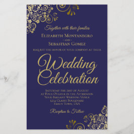 Gold Curls auf Navy BUDGET Hochzeit Einladung groß