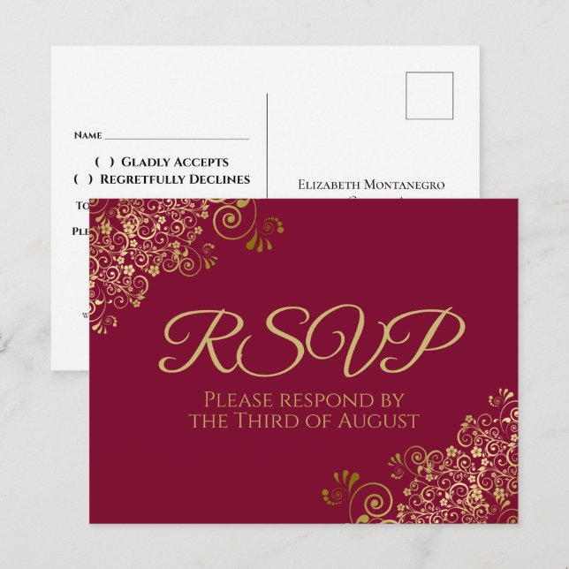 Gold Curls & Wirbel Maroon Burgundy Wedding RSVP Postkarte (Vorne/Hinten)