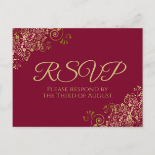 Gold Curls & Wirbel Maroon Burgundy Wedding RSVP Postkarte