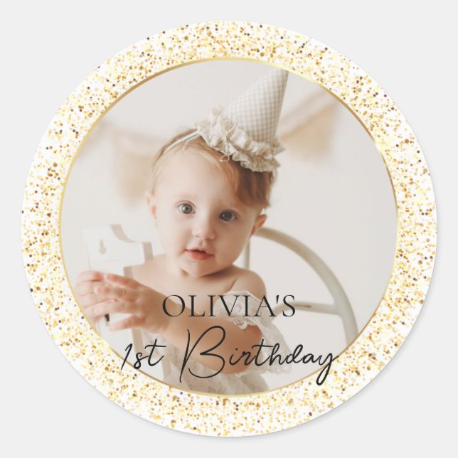 Gold Custom Foto Birthday Classic Round Aufkleber (Vorderseite)