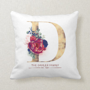 Gold D Monogram Floral Burgund Red and Navy Blue Kissen