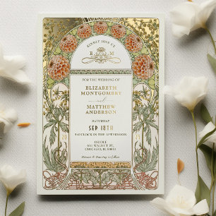 Gold Dahlia Vintage Hochzeit Jugendstil Folieneinladung