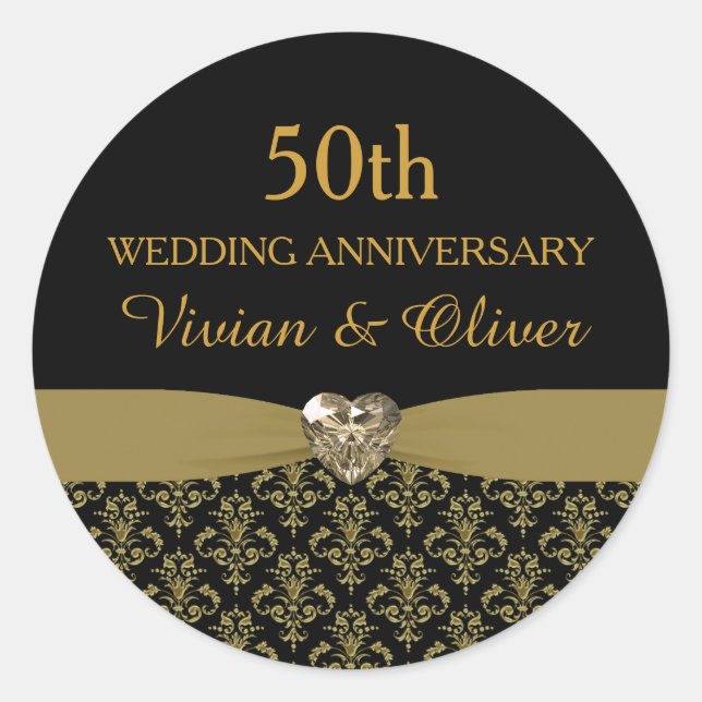 Gold Damask 50. Hochzeitsticker Runder Aufkleber (Vorderseite)