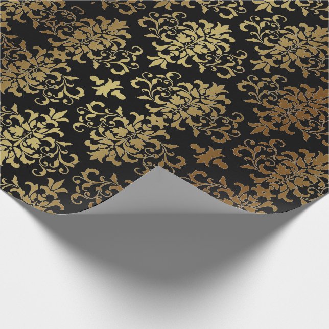 Gold Damask Black Script Elegant Geschenkpapier (Ecke)