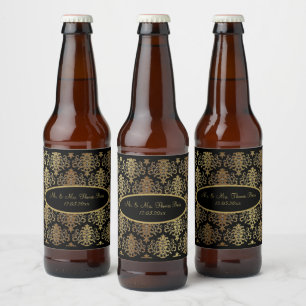 Gold Damask Black Script Wedding Elegant Bierflaschenetikett