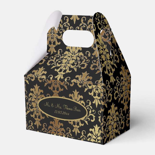 Gold Damask Black Script Wedding Elegant Geschenkschachtel (Vorderseite)