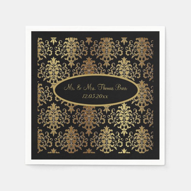 Gold Damask Black Script Wedding Elegant Serviette (Vorderseite)