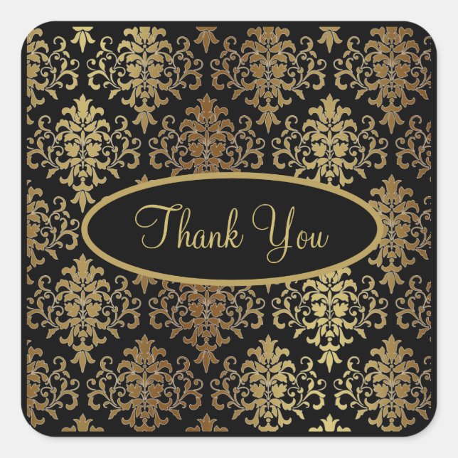 Gold Damask Black Script Wedding Elegant Vielen Da Quadratischer Aufkleber (Vorderseite)