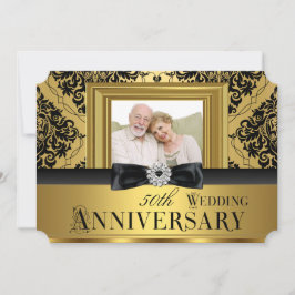 Gold Damask Bow Foto 50. Hochzeitstag 3 Einladung