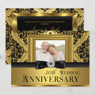 Gold Damask Bow Foto 50. Hochzeitstag 3 Einladung