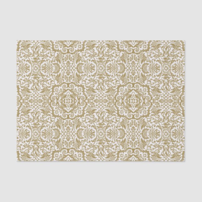 Gold Damask Brocade auf weißem Geschenk oder Decou Seidenpapier (Vorderseite)