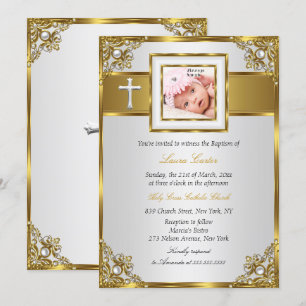 Gold Damask Cross Foto Taufe Christening 2 Einladung