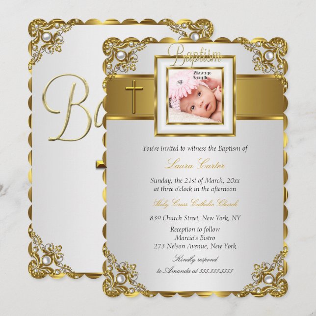 Gold Damask Cross Foto Taufe Christening Einladung (Vorne/Hinten)