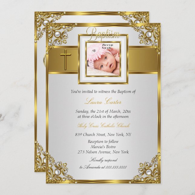 Gold Damask Cross Foto Taufe Christening Einladung (Vorne/Hinten)