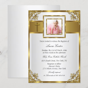 Gold Damask & Cross Foto Taufe/Christening Einladung