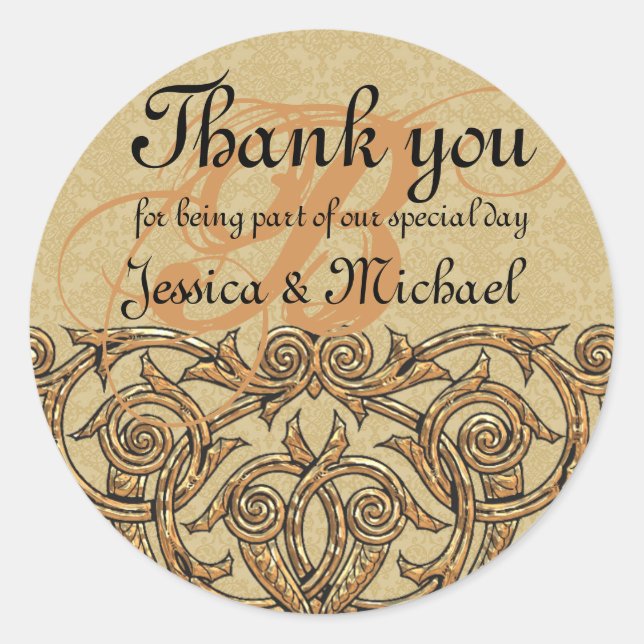 Gold Damask Custom Monogram Gastgeschenk Hochzeit  Runder Aufkleber (Vorderseite)