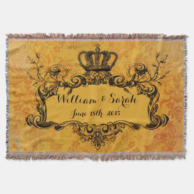 Gold Damask Custom Wedding Royal Crown Throw Decke (Vorderseite)