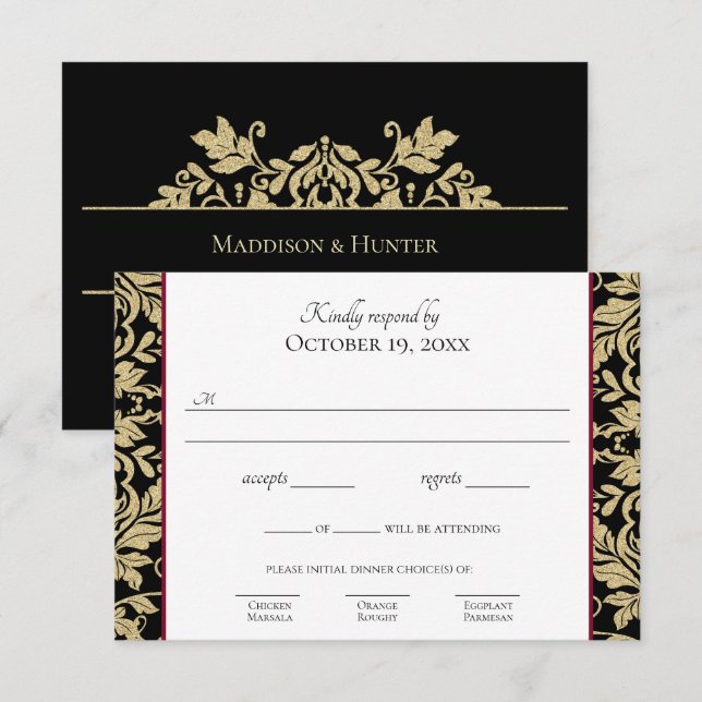 Gold Damask Einfache Elegante Reaktion Einladung (Vorne/Hinten)
