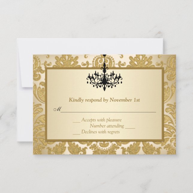 Gold Damask, Kronleuchter Jubiläumsausweis RSVP Karte (Vorderseite)