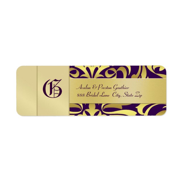 Gold Damask Monogram Lila Hochzeitadresse (Vorne)