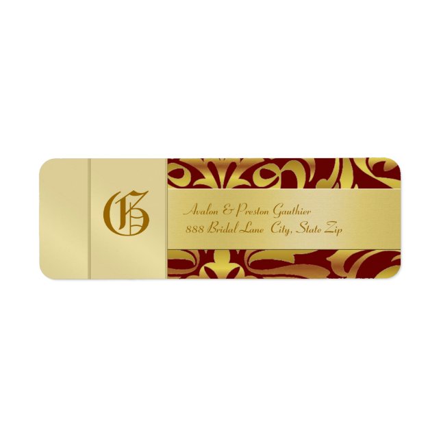 Gold Damask Monogram Red Wedding Address Label (Vorne)