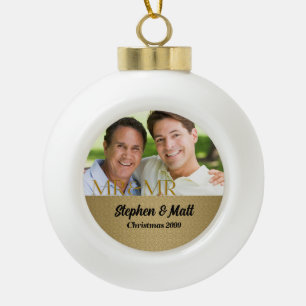 Gold Damask Mr & Mr. Gay Christmas Foto Keramik Kugel-Ornament