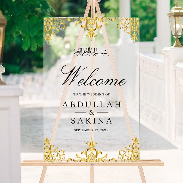 Gold Damask Muslim Wedding Welcome Frosted Acrylschild (Von Creator hochgeladen)