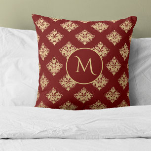 Gold Damask Muster Monogram auf Red Kissen