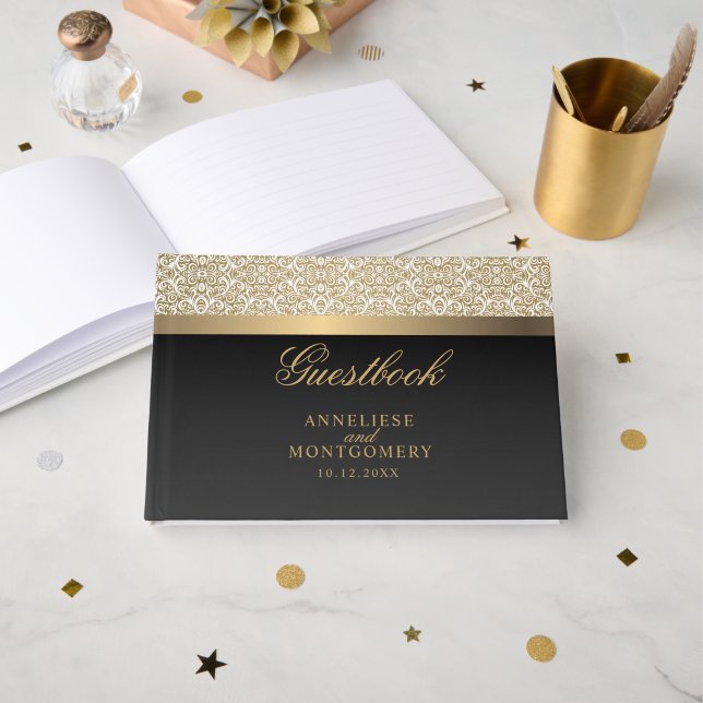Gold Damask Muster und Black Gästebuch (Vorderseite Offen)