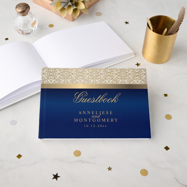 Gold Damask Muster und Navy Blue Gästebuch (Vorderseite Offen)