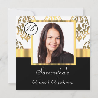 Gold damask photo template sweet sixteen einladung
