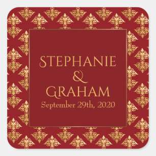 Gold Damask Red Wedding Quadratischer Aufkleber
