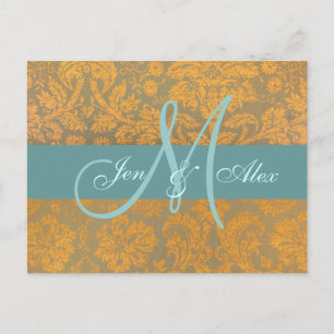 Gold Damask Save the Date Postkarte   Blau