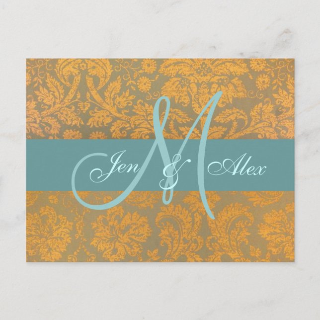 Gold Damask Save the Date Postkarte | Blau (Vorderseite)