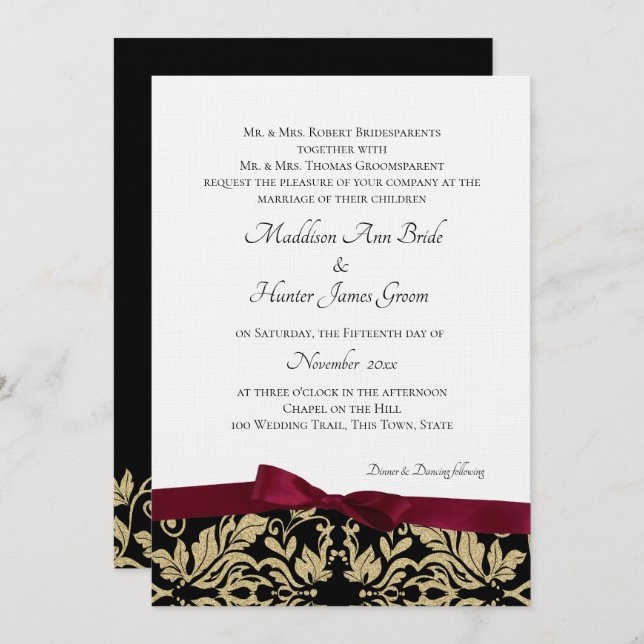 Gold Damask und Burgund Bow Wedding Einladung (Vorne/Hinten)