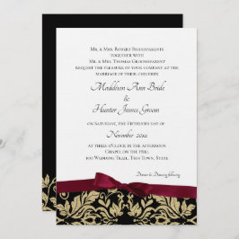 Gold Damask und Burgund Bow Wedding Einladung