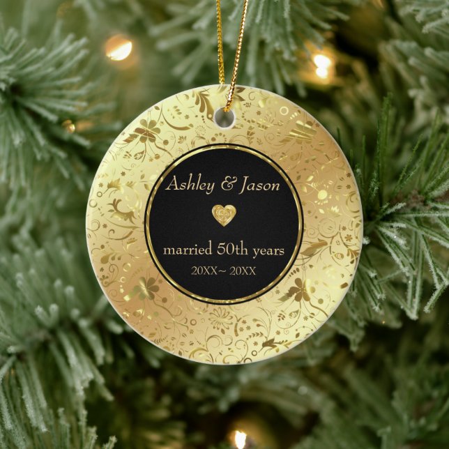 Gold Damask und Herz Keramik Ornament (Baum)