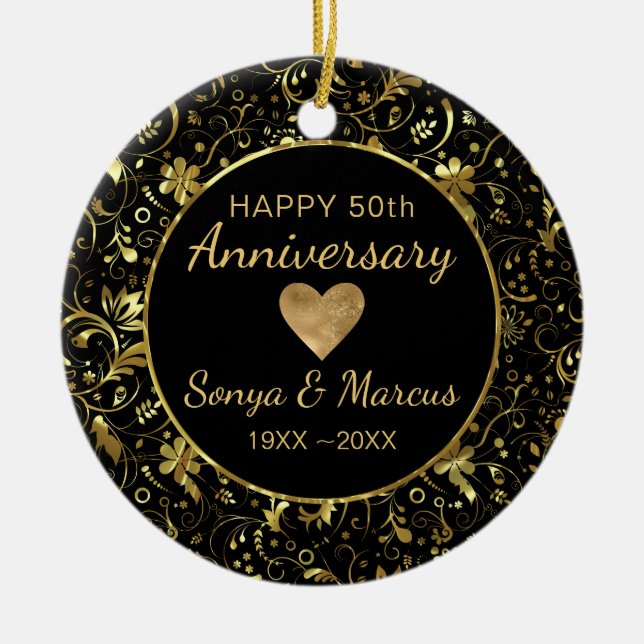 Gold Damask und Herz Keramik Ornament (Vorne)