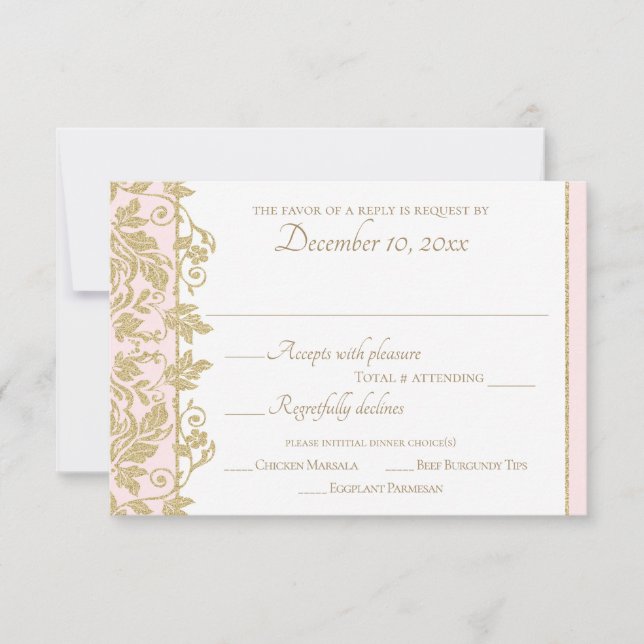 Gold Damask Vine Blumenrosa und Gold Response RSVP Karte (Vorderseite)